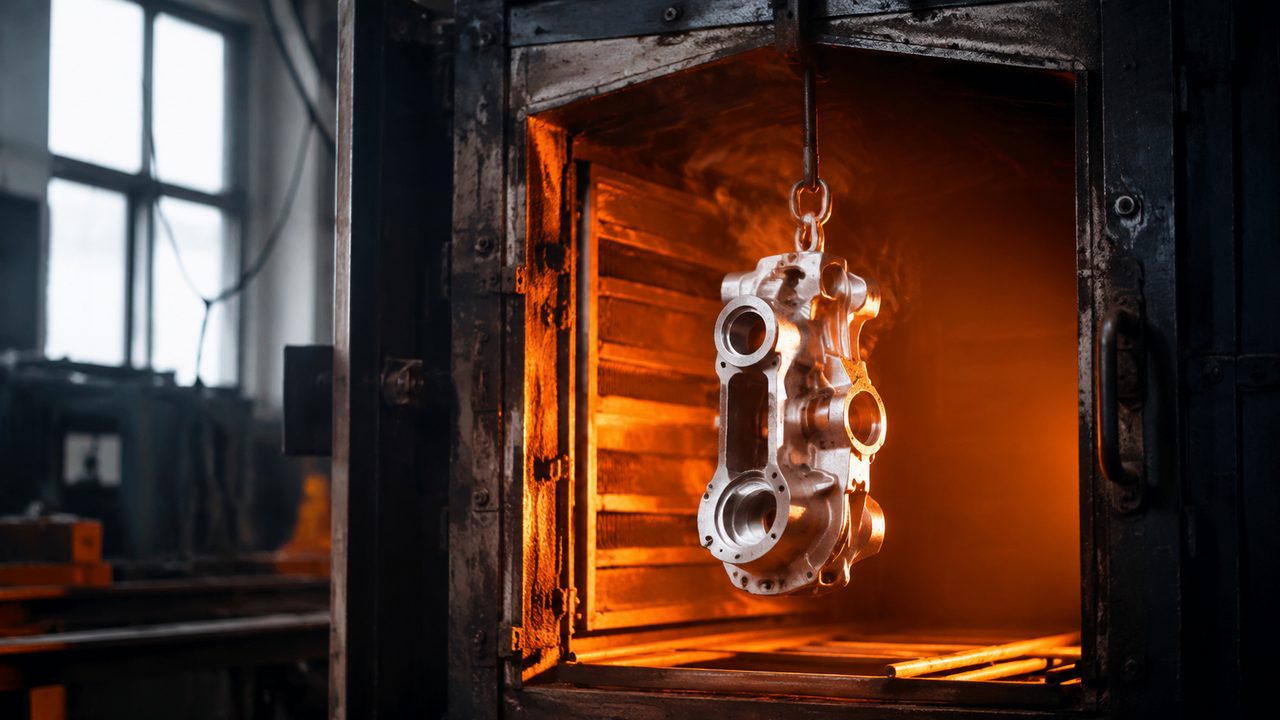 Литая и оцинкованная деталь в печи дегазации перед порошковой покраской, тепловая дымка над пористым металлом