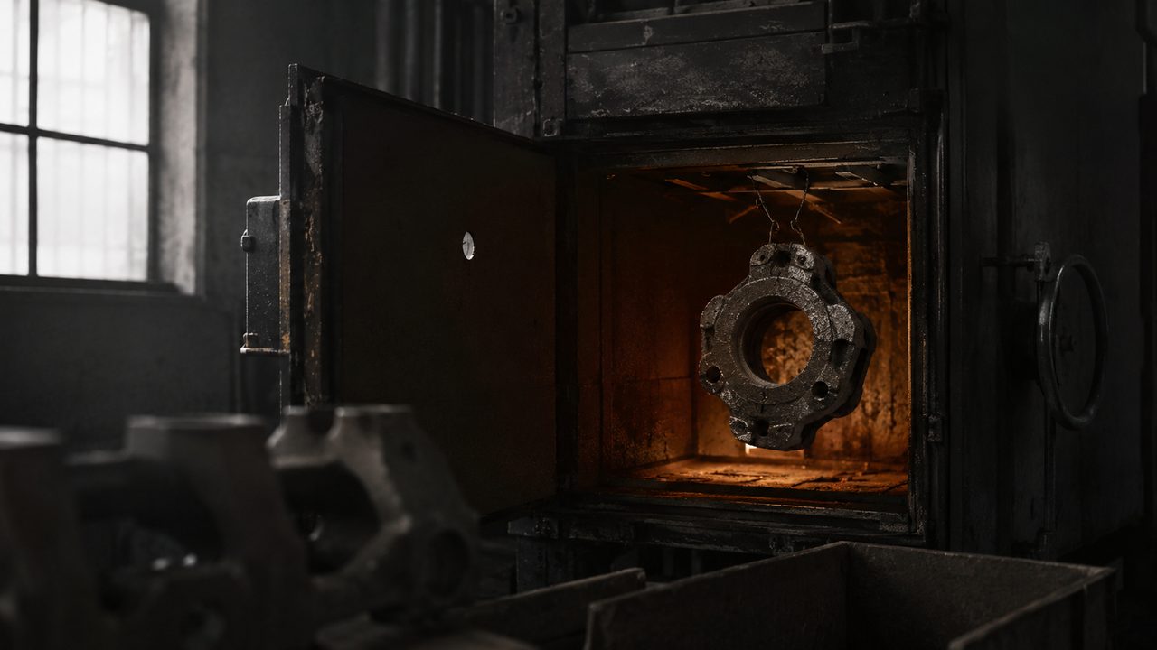 Пористая чугунная отливка в печи на стадии дегазации до нанесения порошковой краски