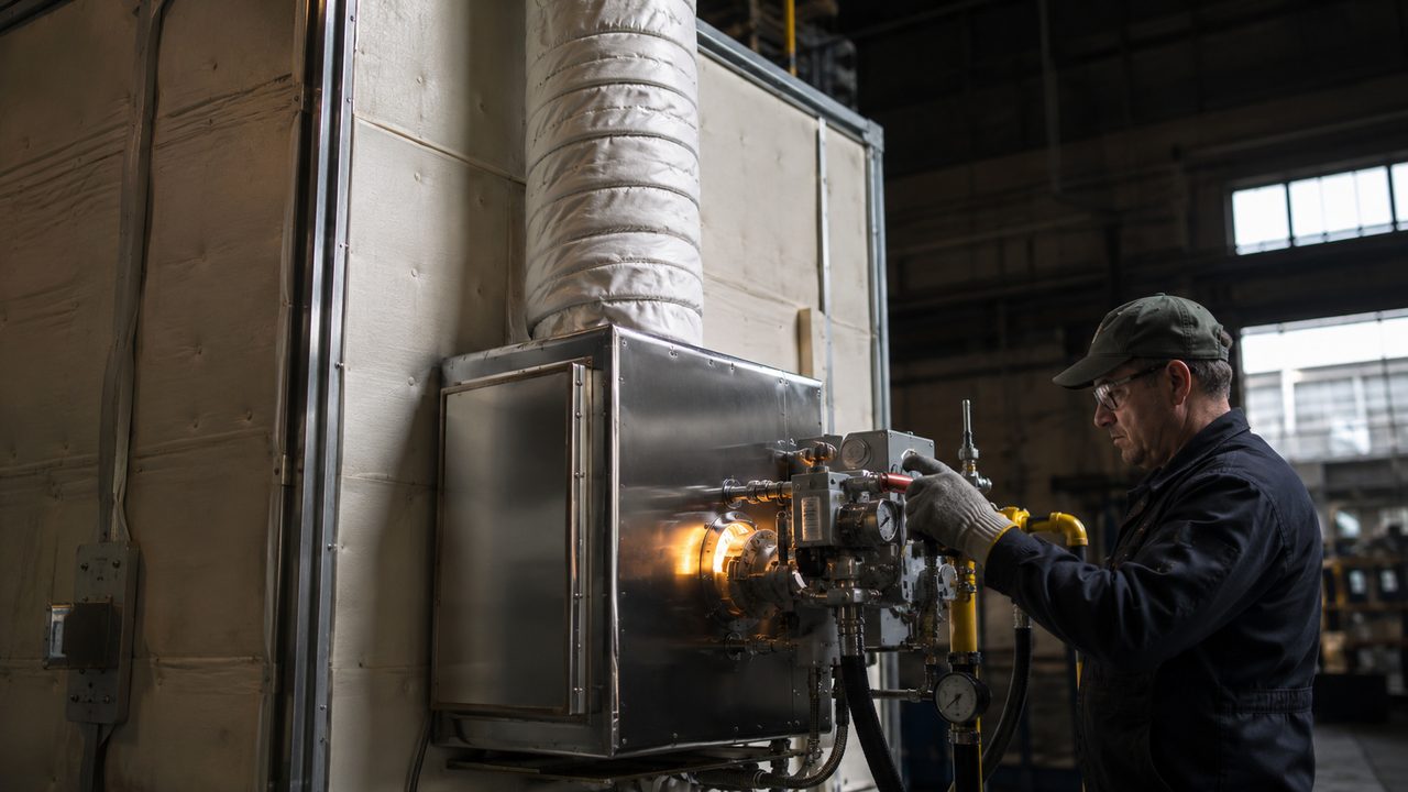 Газовая горелка с теплообменником на боку камеры полимеризации и утеплённый дымоход к потолку