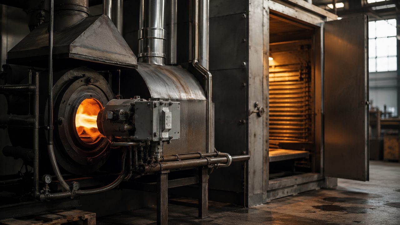 Газовая горелка с теплообменником и дымоходом рядом с электрокомплектом ТЭНов камеры полимеризации
