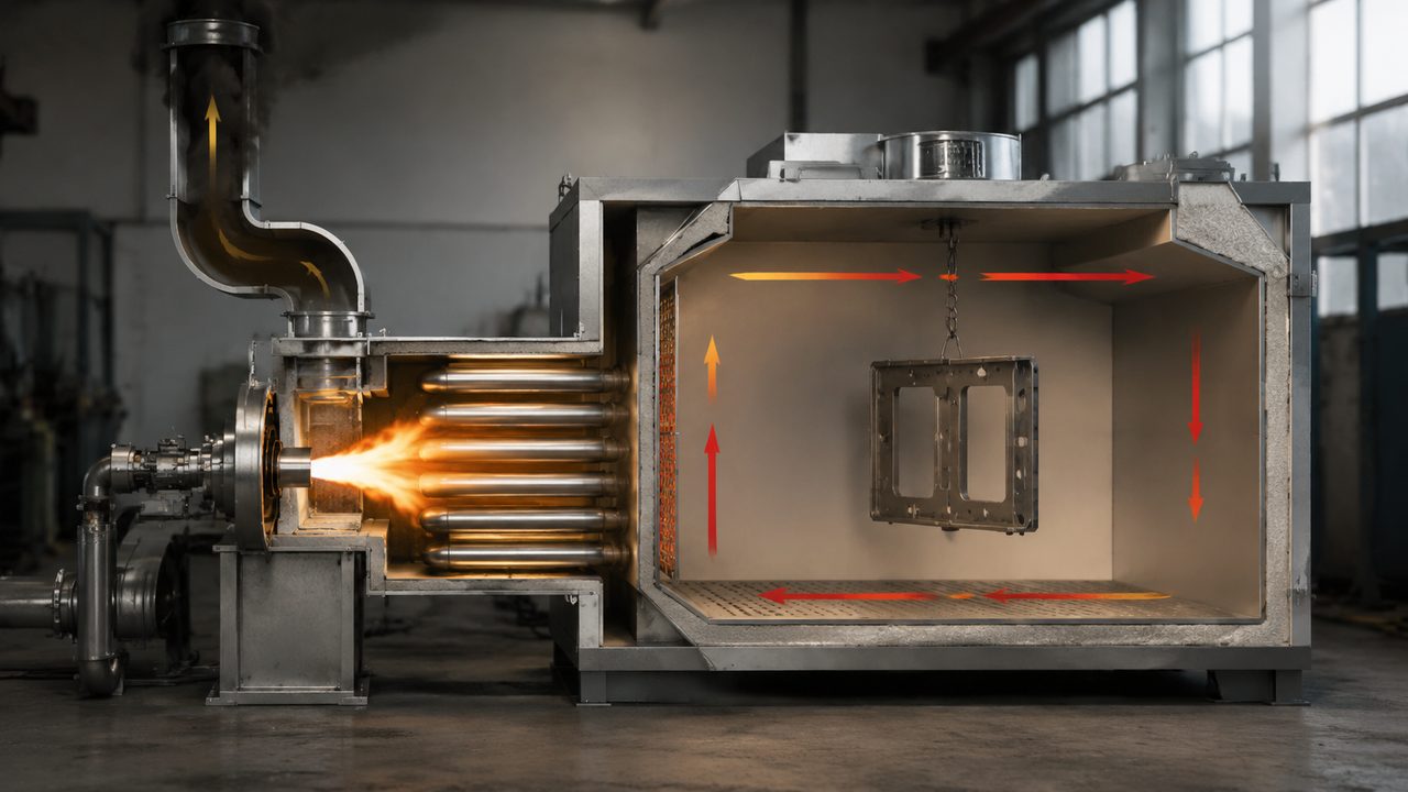 Схема косвенного нагрева газовой камеры полимеризации: горелка греет теплообменник, дымовые газы идут в дымоход, в камеру подаётся чистый горячий воздух