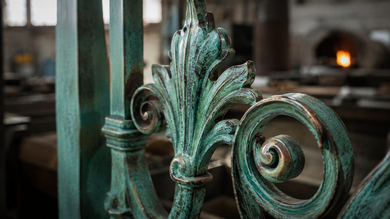 Фрагмент кованых ворот с зелёной патиной verdigris порошкового покрытия