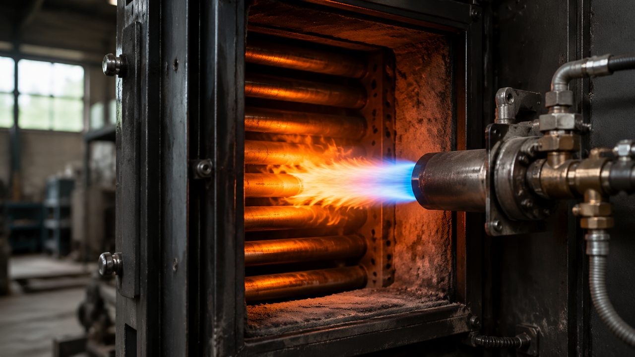Газовая горелка камеры полимеризации и бытовой газовый счётчик во время рабочего цикла