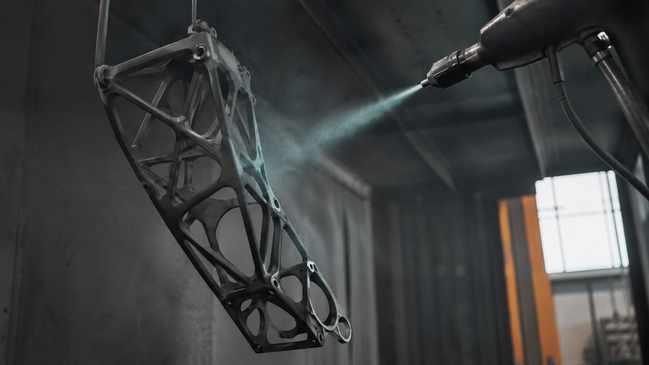 Пистолет напыляет порошок на деталь сложной геометрии, облако overspray летит мимо, потери переноса