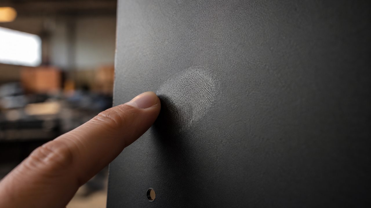 Матовое чёрное soft-touch порошковое покрытие на металлической панели, палец оставляет след на бархатистой поверхности